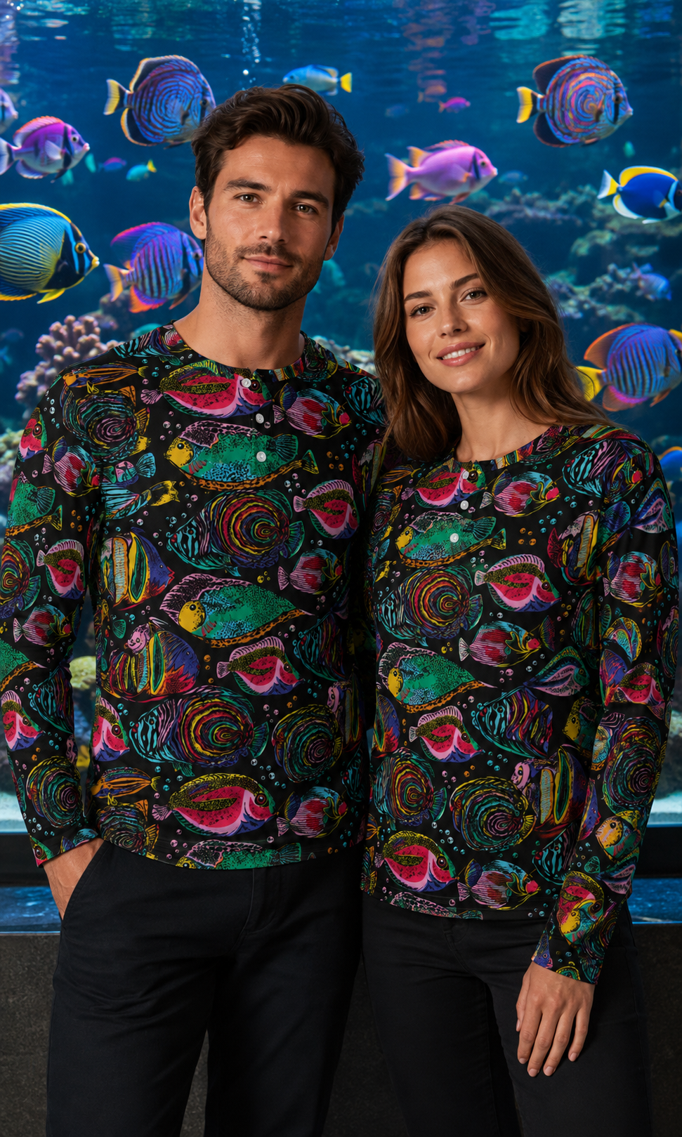 Man and woman wearing matching Psychedelic Aquarium long-sleeve Henley shirts at an aquarium