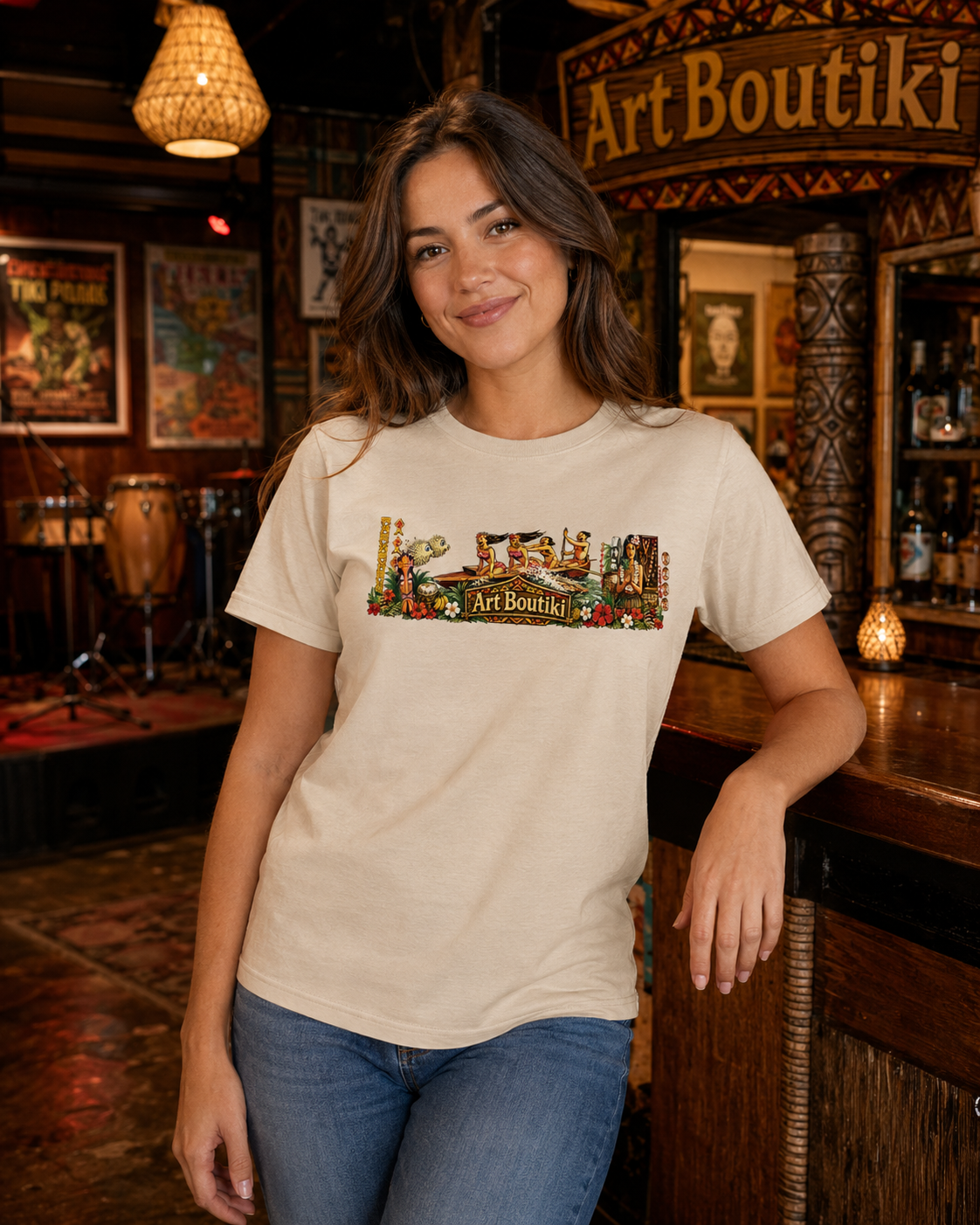 Woman wearing Art Boutiki Polynesian Adventure T-Shirt inside Art Boutiki