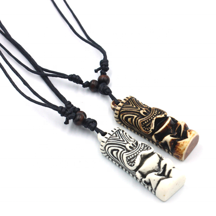 Tiki Choker/Necklace with Rope Chain Modern Primitive Surfing Accessory Hand Painted Simulated Bone