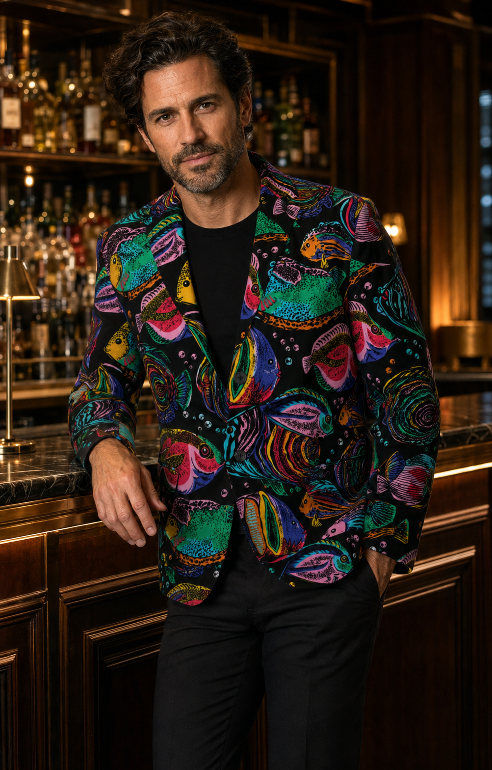 Man wearing the Psychedelic Aquarium Casual Flat Lapel Blazer in an upscale cocktail bar