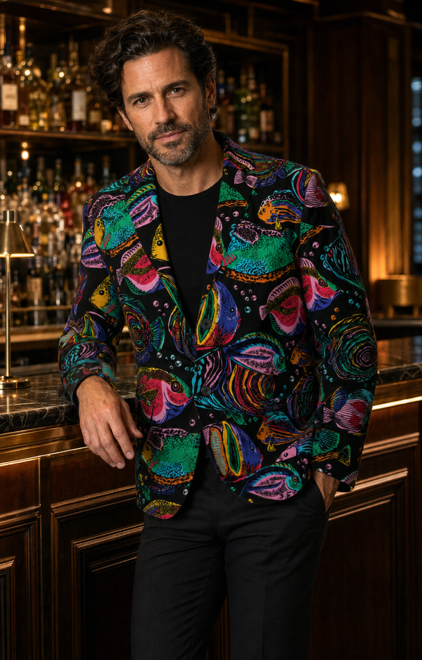 Man wearing the Psychedelic Aquarium Casual Flat Lapel Blazer in an upscale cocktail bar