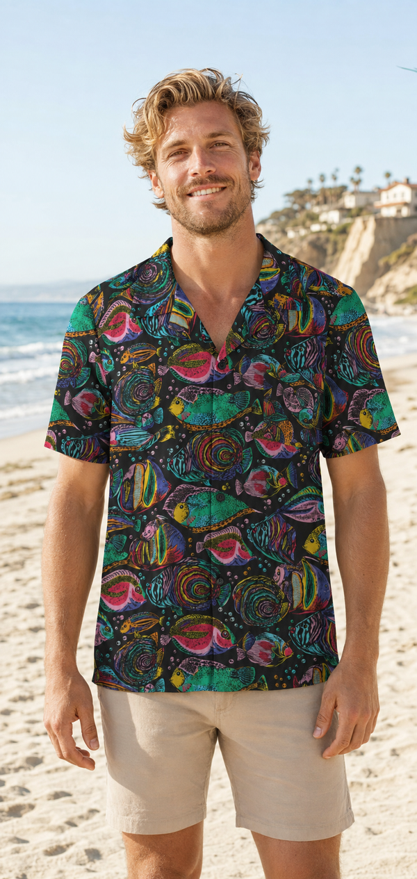 Blond man wearing the Psychedelic Aquarium men's faux linen Hawaiian shirt at the beach