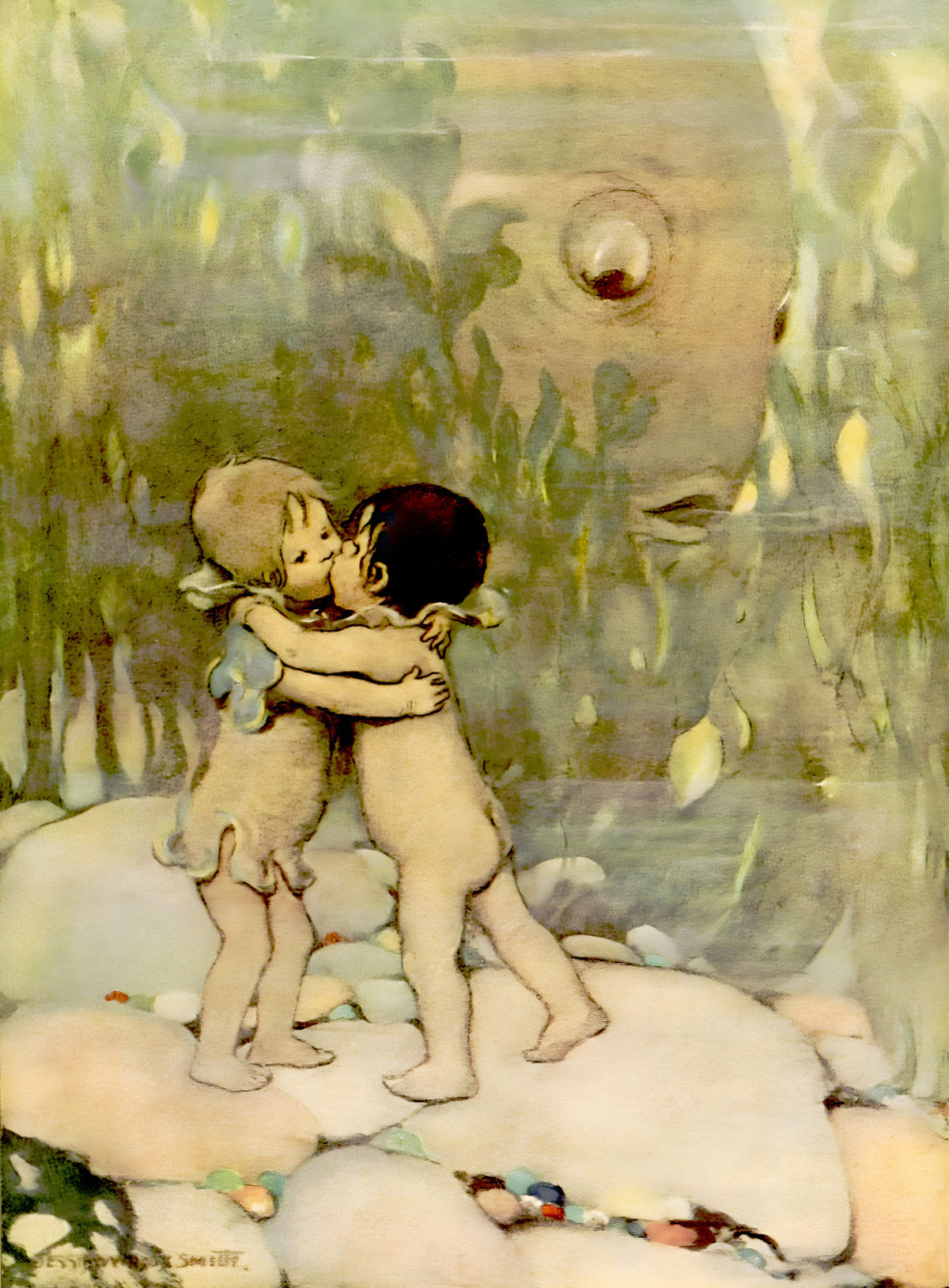 Vintage "The Water Babies" Hug & Kiss Poster by Jessie Willcox Smith, 1916