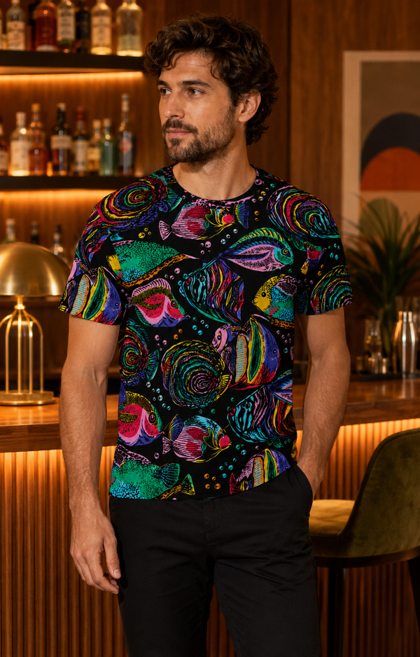 Male model wearing the Psychedelic Aquarium cotton crew neck T-shirt in a mid-century cocktail bar