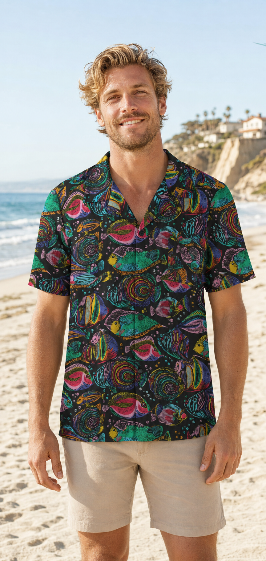 Blond man wearing the Psychedelic Aquarium men's faux linen Hawaiian shirt at the beach