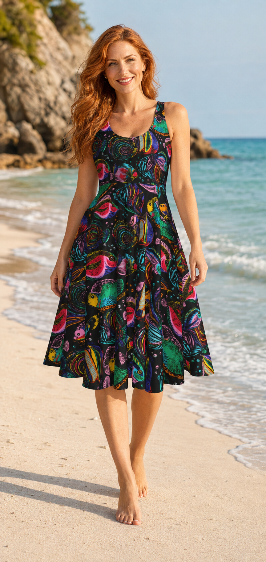 Auburn-haired woman wearing the Psychedelic Aquarium sleeveless dress on a beach