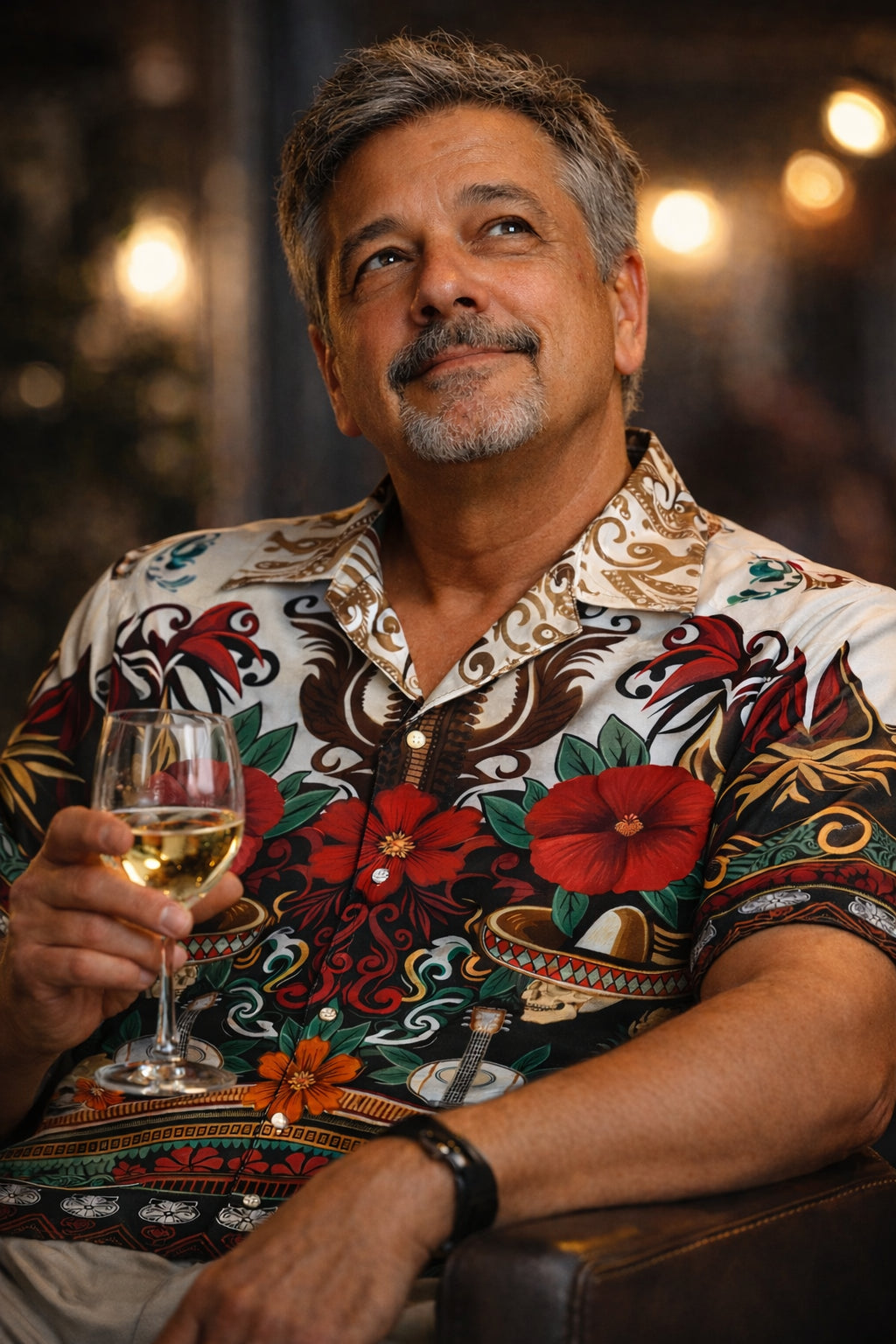 Cumbia/Día de los Muertos Button-Up Shirt – Sugar Skull, Floral & Guitar Print